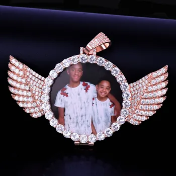 Angel Wing Pielāgotus Foto Kulons Medaljons Nekustamā Zelta Pārklājumu Hip Hop Rotaslietas