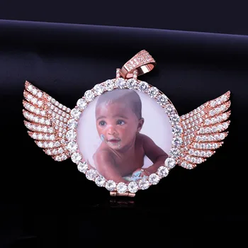 Angel Wing Pielāgotus Foto Kulons Medaljons Nekustamā Zelta Pārklājumu Hip Hop Rotaslietas