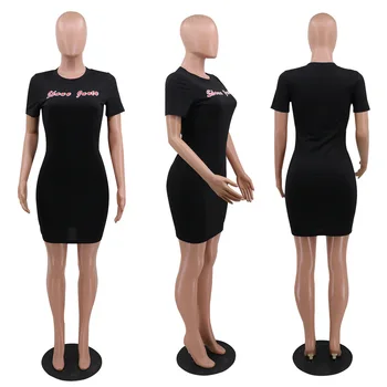 ANJAMANOR Modes Vēstuli Izdrukāt Īsām Piedurknēm T Kleitas, Sieviešu Apģērbi 2020. Gadam Clubwear Sexy Bodycon Mini Kleita D57-BZ19