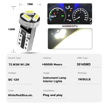 ANMINGPU 10x Signāla Lampas Led T5 Canbus 3014SMD W3W W1.2W LED Paneļa Gabarītu Lampas, Auto Brīdinājuma Indikators Instrumentu Apgaismojums 12V