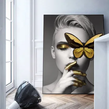Anotācija Sienas Māksla Modes Sieviete Kanvas Glezna tauriņš Lūpām, Zeltu, Baltās Un Melnās Mūsdienu Mājas Plakātu Sienas, Attēlus bez rāmīša