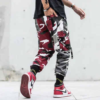 Aolamegs Treniņbikses Raibs Krāsu Aukliņu Bikses Vīriešu Kravas Stila Elastīgs Viduklis Hip Hop Zaudēt High Street Joggers Streetwear
