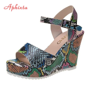 Aphixta 10cm / 3.94 collu Modes Ķīļveida Papēdis Sandales Sieviešu Open Toe Sprādzes Čūska Ādas Platformas Ķīlis Sandales Sievietēm