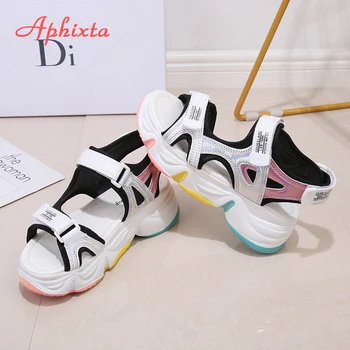 Aphixta Lielo Izmēru 42 Ķīlis Papēži Sieviešu Sandales Varavīksnes Vienīgais Dizaina Sieviešu 5.5 cm Platformas Sandales Augstuma Palielināšana Kurpes Sievietēm
