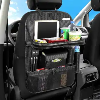 Ar Galda Paplāti 4x USB Lādētāju, Pu Ādas Sēdekli Atpakaļ Uzglabāšanas Ceļojumu Daudzfunkcionālas Kabatas Auto Piederumi Auto Soma Auto Organizators