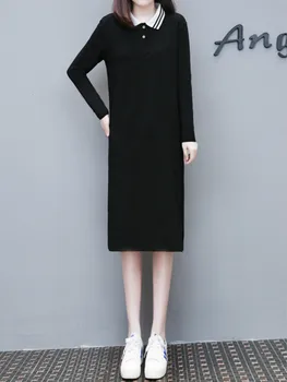 Ar garām Piedurknēm Gadījuma Kleita Elegantā Vintage Plus Lieluma Sieviešu Apģērbu Melnā Kleitā, Svītrains Polo Kakla T-krekls Vestidos Mujer Harajuku