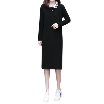 Ar garām Piedurknēm Gadījuma Kleita Elegantā Vintage Plus Lieluma Sieviešu Apģērbu Melnā Kleitā, Svītrains Polo Kakla T-krekls Vestidos Mujer Harajuku