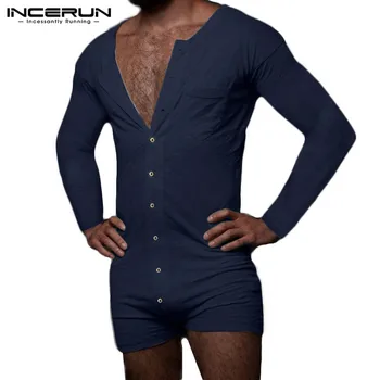 Ar garām Piedurknēm O Kakla Cieto Kombinezonus Sleepwear INCERUN Vīriešu Atpūtas Pidžamu Onesies Cilvēks Modes Pogas Bikses Jumpsuit Homewear 5XL