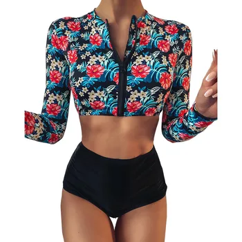 Ar garām Piedurknēm Peldkostīmi Sieviešu Izsitumi Aizsargs Meitenes, divi gabali Bikini, Uzstādīt Saules Aizsardzības peldēties uzvalku 2020. gadam Ziedu Iespiesti Sērfot Uzvalks