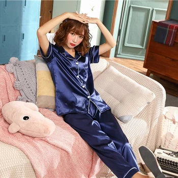 Ar īsām Piedurknēm Zīda Pidžamu Pavasara Sieviešu Vasaras Pajama Komplekti Zīda Pijama Sleepwear Pidžamas Plus Izmērs M-XL Naktsveļu Komplekts