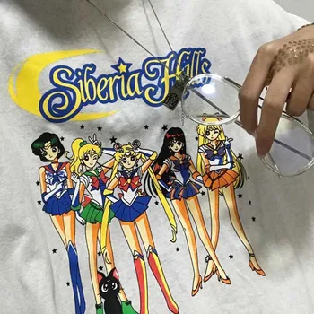 Arī klasiskajā Vasaras topi Sailor Moon Karikatūra burtiem drukāt uz t krekla Gadījuma streetwear Īsām Piedurknēm kokvilnas T-Krekls, sieviešu apģērbs, t-veida
