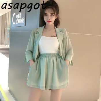 Asapgot Korejas Modes Šifona Sieviešu Nosaka Vasaras Zaļo Pusi Piedurknēm Žakete Mētelis Elastīgs Viduklis Plaša Kāju Šorti 2 Gabals, Kas Sievietēm