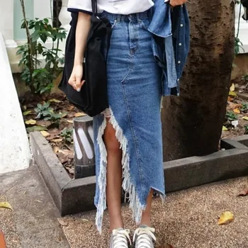 Asimetrisks Sen Maxi Svārki Sieviešu Vasaras Apģērbu Streetwear Stilu Pušķis Jupe Jean Femme Gadījuma Sadalīt Rokken