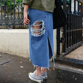 Asimetrisks Sen Maxi Svārki Sieviešu Vasaras Apģērbu Streetwear Stilu Pušķis Jupe Jean Femme Gadījuma Sadalīt Rokken
