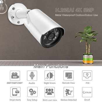 Audio IP Kameras 4K 8MP H. 265AI 5MP 3MP Āra Bullet CCTV ONVIF, lai PO VRR Sistēmas Drošības Uzraudzības IS Metāla Camera POE