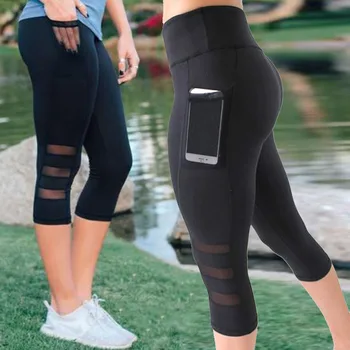 Augsta vidukļa Elastīgās sievietes Acs Legging bikses Melnā seksīgā Fitnesa sporta Kapri Bikses ar kabatas Apgriezts bikses legging