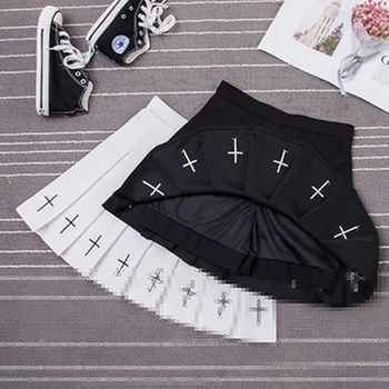 Augsta Vidukļa Mini Black Svārki Gothic Streetwear Krusta Drukāt Kroku Sieviešu Svārki Gadījuma Koledžas Lolita Harajuku Svārki