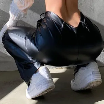 Augsta Vidukļa Sieviešu Modes Stulpiņi Ādas Bikses Plaša Kāju Bikses Fitnesa Izdilis Plānas, Piemērotas Melnās Visu Maču Leggins Mujer штаны