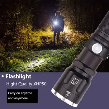Augstas jaudas XHP50 LED Lukturīti 5 apgaismojuma režīmi Zoomable Lāpu 18650 vai 26650 akumulatoru Kempings piedzīvojumu P50 USB Flash Lampas