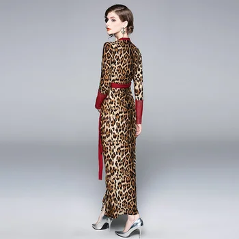 Augstas kvalitātes sieviešu Pavasara, Rudens silts Femal Dāmas Gadījuma streetwear femme modes zīmola kleita, Leoparda V-veida kakla drukāt Mežģīņu Apmetni