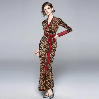 Augstas kvalitātes sieviešu Pavasara, Rudens silts Femal Dāmas Gadījuma streetwear femme modes zīmola kleita, Leoparda V-veida kakla drukāt Mežģīņu Apmetni