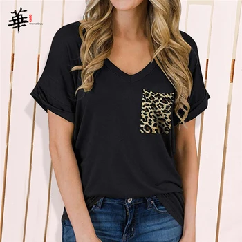 Augstas Kvalitātes Topi Pamata Vienkāršā Krekli, Sieviešu Lielgabarīta T krekls, Tops Sievietēm Leopard Kabatas Plus Lieluma Apģērbu, Sieviete Tshirts