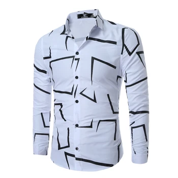Augstas Kvalitātes Vīriešu Krekls 2018 Zīmolu Modes Casual Slim Ģeometriskā Drukāt Krekls Ar Garām Piedurknēm Vīriešu Biznesa Sociālo Balts Tops Drēbes