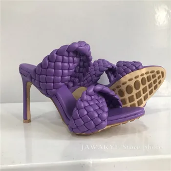 Augstpapēžu Kurpes Sieviešu roku darbs Pinuma trikotāžas-adītas Čības crossover vasaras puse sandales 2020. gadam skrejceļa mūļu zapatos mujer