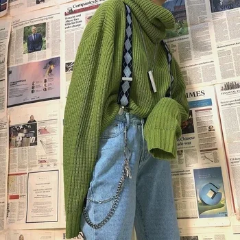 Augstu uzrullētu apkakli Džemperi Sievietēm BF Stila Lielgabarīta Šiks Zaļā Svaigas Ziemas Femme Pulovers Vienkārši Salds Tīra Harajuku Ins Tīņi Džemperis
