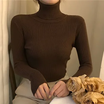 Augstu Uzrullētu Apkakli Džemperis Sievietēm Rudens Ziemas Džemperi, Topi Korejas Trikotāža Gadījuma Ciets Melns Džemperis Modes Adīti Džemperi 2020