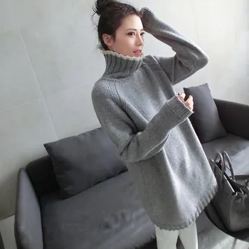 Augstu uzrullētu apkakli džemperis sievietēm vidēja ilgi siltuma džemperis kleita džemperis sieviešu sabiezējums pamata krekls ilgtermiņa piedurknēm džemperis brīvs