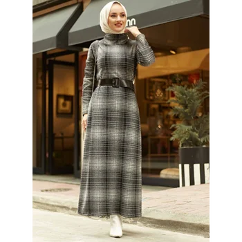 Augstu uzrullētu apkakli Sieviešu Maxi Kleita Pieticīgs Caftan Liela Izmēra Islāma Apģērba Musulmaņu Modes ziemas Kleitas, Turcija Dubaija Hijab 2021