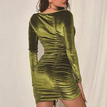 Aukliņu Sexy Kleita Rudens Ziemas Drēbes Sieviešu Modes Elegants Kroku Hip Mini Kleita Zaļā Krāsā Ar Garām Piedurknēm Slim Vestidos