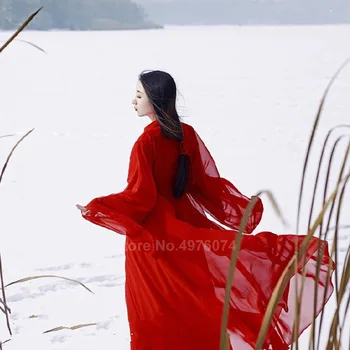 Austrumu Tradicionālā Ķīniešu Hanfu Kleita Sievietēm Cieto Sarkano Plus Lieluma Šifona Tautas Deju Tērpi Sieviešu Vintage Tang Uzvalks