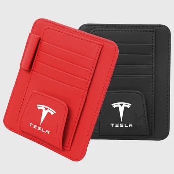 Auto saulessarga brilles Karti Biļešu CD Turētājs Clip Organizer Ādas Uzglabāšanas Maisiņš Tesla Model 3 S X Y Car Styling piederumi