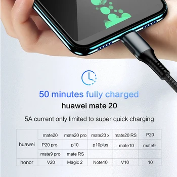 Auto USB C Kabeli 5.A Supercharge Maksas Huawei P40 P30 Samsung S20 S10 Mobilo Tālruni, C Tipa Datu Kabelis 1M QC3.0 Lādētāju USBC