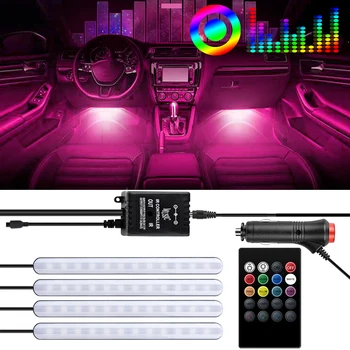 Automašīnas salona LED RGB Gaismas 4 Sloksnes 48LEDs Auto Atmosfēru Lampas Tālvadības Mūzikas Aktivizēts Footwell Strip Gaismas