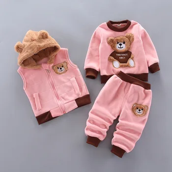 Baby boy apģērbs silts kokvilnas uzvalks karikatūra dinozauru plus samta biezu kapuci džemperis bērnu ikdienas sporta džemperi, vestes trīs-gabalu