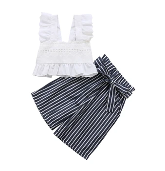 Baby Girl Apģērbu Balta Mežģīņu Topi, T-krekls +Garās Svītrotās Bikses 2gab Tērpiem Komplekts Izmērs 2-6T