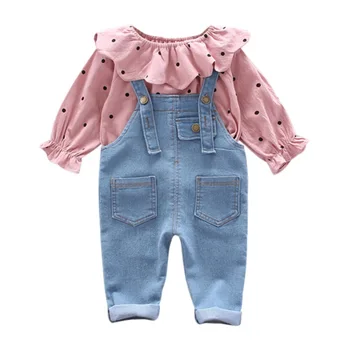 Baby Girl Apģērbu Komplekts Jaundzimušo Meitene Rudens Apģērbu Ar Garām Piedurknēm Dot Atloks Drukāt Mētelis +Siksna Bikses Gadījuma Komplekti
