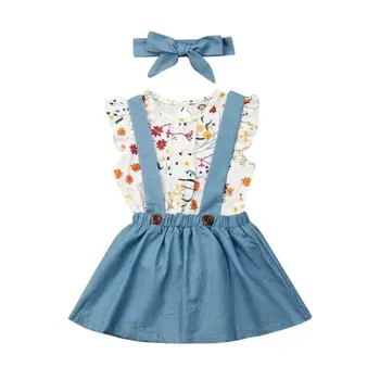 Baby Girl Apģērbu Sweet Baby Toddler Meitene Drēbes, kas Peld ar Piedurknēm Ziedu Drukāt Krekls +Siksna Svārki +Galvas 3pcs Apģērbs
