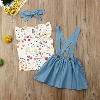 Baby Girl Apģērbu Sweet Baby Toddler Meitene Drēbes, kas Peld ar Piedurknēm Ziedu Drukāt Krekls +Siksna Svārki +Galvas 3pcs Apģērbs