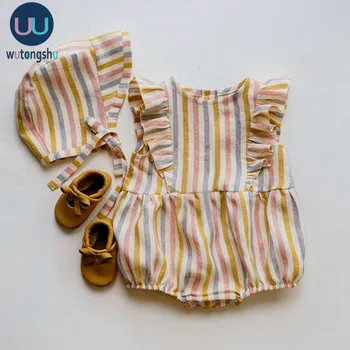 Baby Girl Kombinezonus Vasaras Jaundzimušo Bērnu Apģērbu Kokvilnas Veļa tīrtoņa Krāsu Svītru Bērnu Meitene Apģērbs no 0-24M