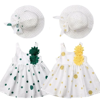 Baby girl līnijas, kleita ar cepuri 2pcs set Toddler Bērniem, Baby Meitenes Dot Ziedu Kleitu Princess Puse Gājienā Tutu Kleitas+Cepure 2gab