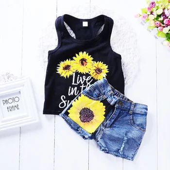 Baby Girl Vasaras Apģērbs Uzstādīt Kokvilnas Black Sun Flower Drukas T krekls Un Džinsa Īss Elsas Apģērbu Komplekts Meitenēm 2GAB Bērnu Komplekts