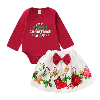 Baby Girl Ziemassvētku Burtiem Drukāt Romper Komplekts Jaundzimušo Garām Piedurknēm Topi Ziedu Svārki Ar Bowknot Rudens Kostīmu Jaunas Ielidošanas