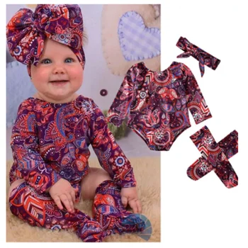 Baby Meitenes Tērps Bērnu Apģērbs Jaundzimušajiem Bērniem, Etniskā Stila Iespiesti garām piedurknēm Romper + Kāju Pārsegs + Cepures