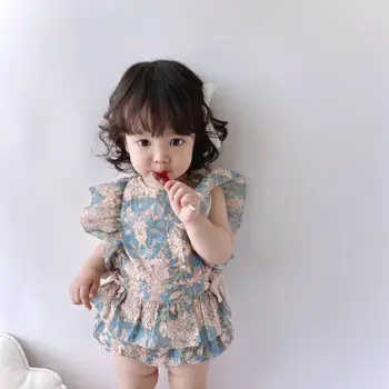 Baby Meitenes Ziedu Kombinezonus Vasaras 2020. Gadam Bērni Boutique Apģērbu Jaundzimušajam, Vintage Hydrangea mežģīnes Jumpsuit Zīdaiņu Royal Romper