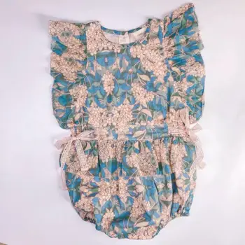 Baby Meitenes Ziedu Kombinezonus Vasaras 2020. Gadam Bērni Boutique Apģērbu Jaundzimušajam, Vintage Hydrangea mežģīnes Jumpsuit Zīdaiņu Royal Romper