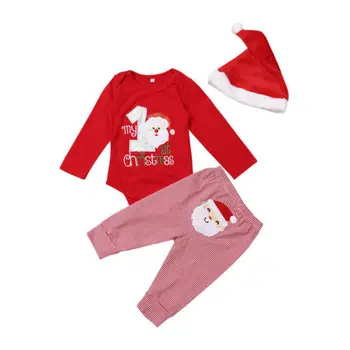 Baby Meitenes Zēni Ziemassvētku Santa Aplikācijas Ziemas Komplekts Pirmo Xmas Party Apģērbu Ar Garām Piedurknēm Svītru Garas Bikses, Sarkana Cepure